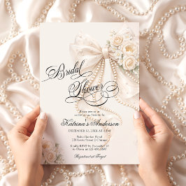 Convite Elegant Bow Floral Neutral Bridal Shower 