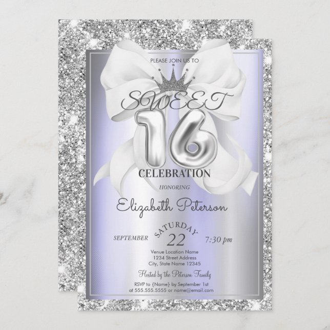 Convite Elegant Bow,Tiara,Violet Silver Glitter Sweet 16  (Frente/Verso)