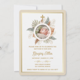 Convite Elegant Boy Baptism Greenery Cross Photo  Invitati