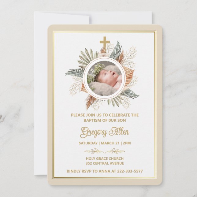 Convite Elegant Boy Baptism Greenery Cross Photo  Invitati (Frente)