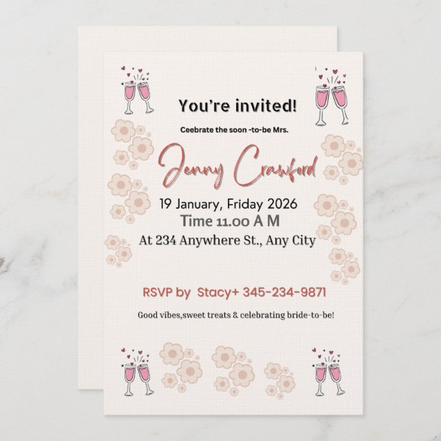 Convite Elegant Bridal Shower Invitation | Printable & Cus (Frente/Verso)