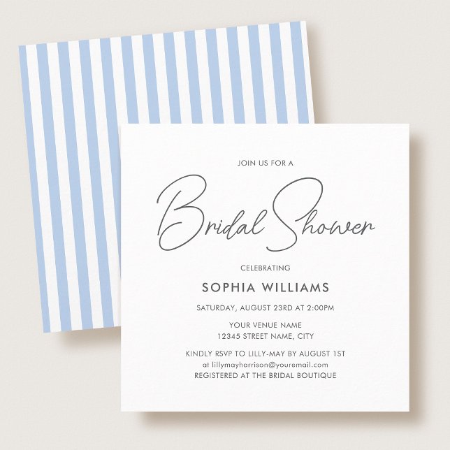 Convite Elegant Bridal Shower Modern Script Blue Stripes (Criador carregado)