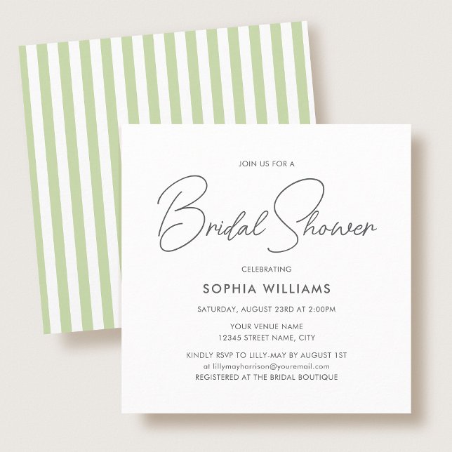 Convite Elegant Bridal Shower Modern Script Green Stripes (Criador carregado)