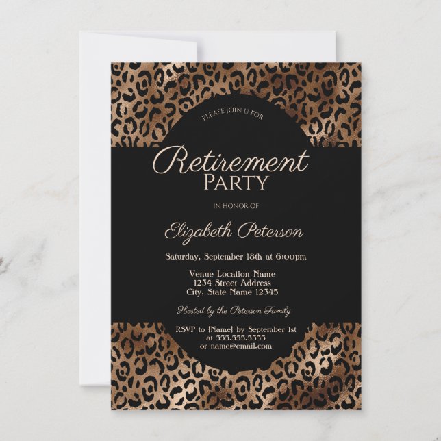 Convite Elegant Brown Leopard Print Retirement Party (Frente)