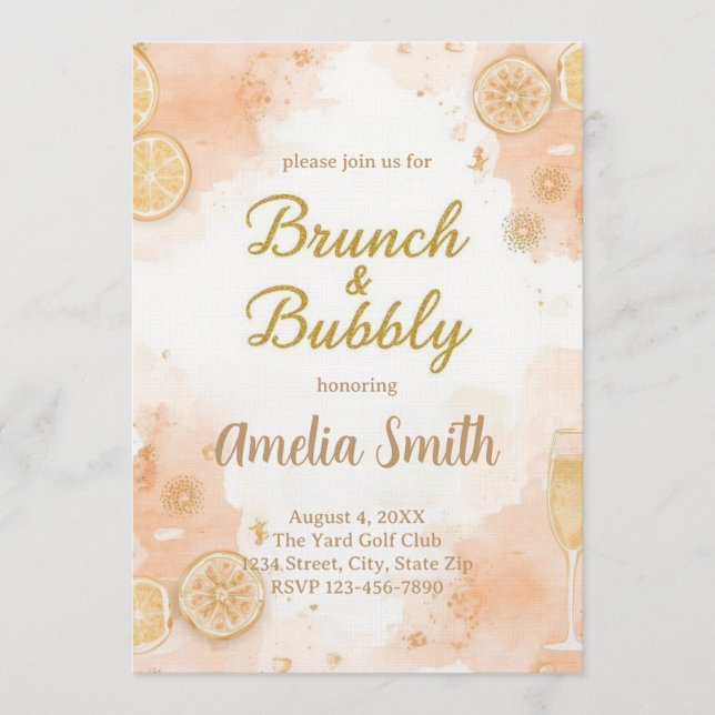 Convite Elegant Brunch & Bubbly Invitation – Peach (Frente)