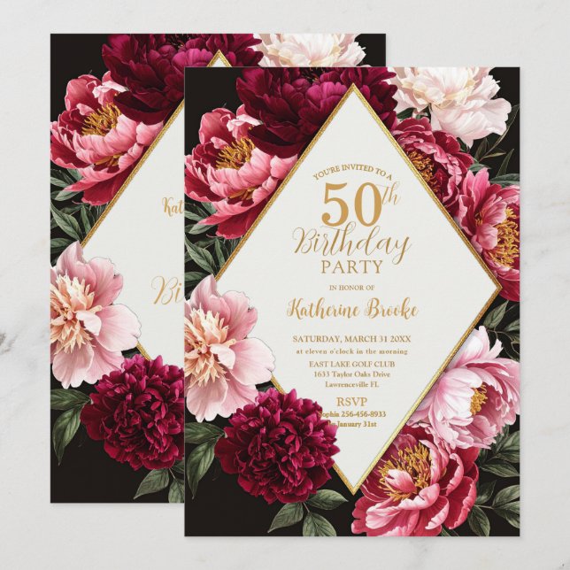 Convite Elegant Burgundy and Blush Peony Floral Birthday (Frente/Verso)