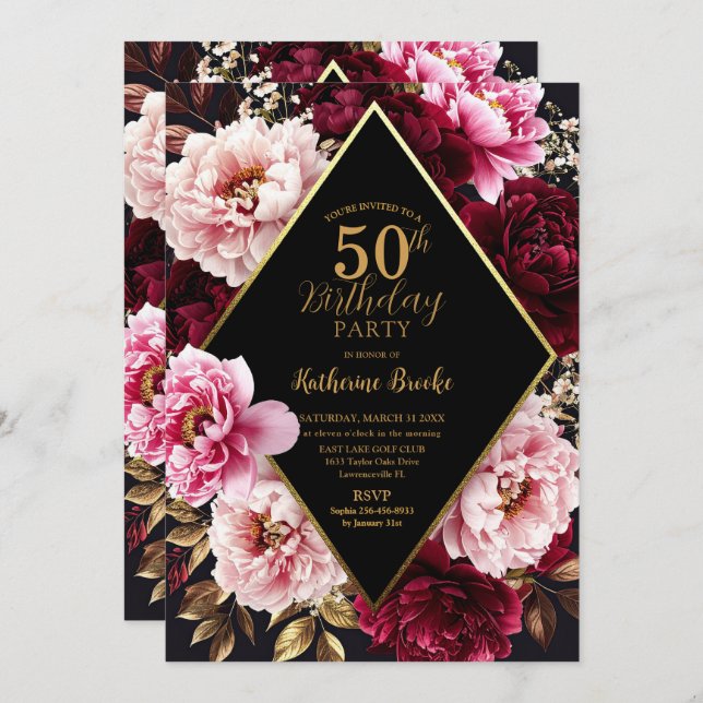 Convite Elegant Burgundy and Blush Peony Floral Birthday (Frente/Verso)