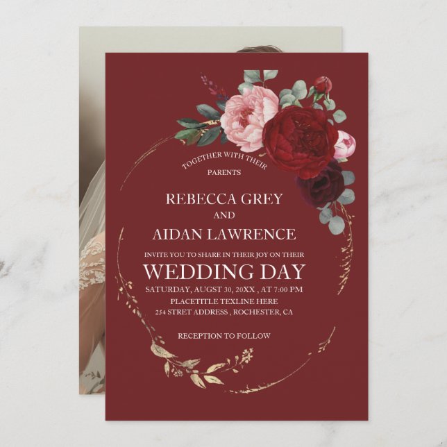 Convite Elegant Burgundy and Gold Floral Photo Overlay (Frente/Verso)