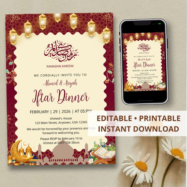 Convite Elegant Burgundy and Gold Iftar Invitation Lantern (Criador carregado)