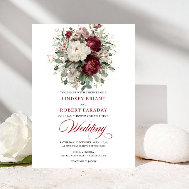 Convite Elegant Burgundy and White Flowers Wedding Invite (Elegant Burgundy and White Flowers Wedding Invitation)