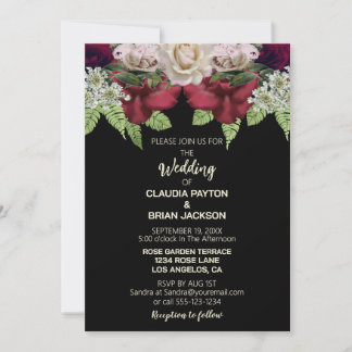 Convite Elegant Burgundy Blush Floral Black Wedding