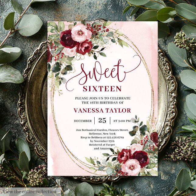 Convite Elegant Burgundy Blush Floral Sweet Sixteen Invite (Elegant Boho Blush Burgundy Floral Sweet Sixteen Invite

)