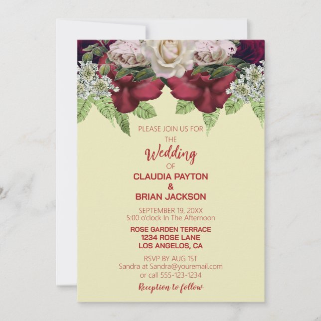 Convite Elegant Burgundy Blush Floral Wedding (Frente)
