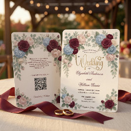 Convite Elegant Burgundy Blush Pink Modern QR Code Wedding