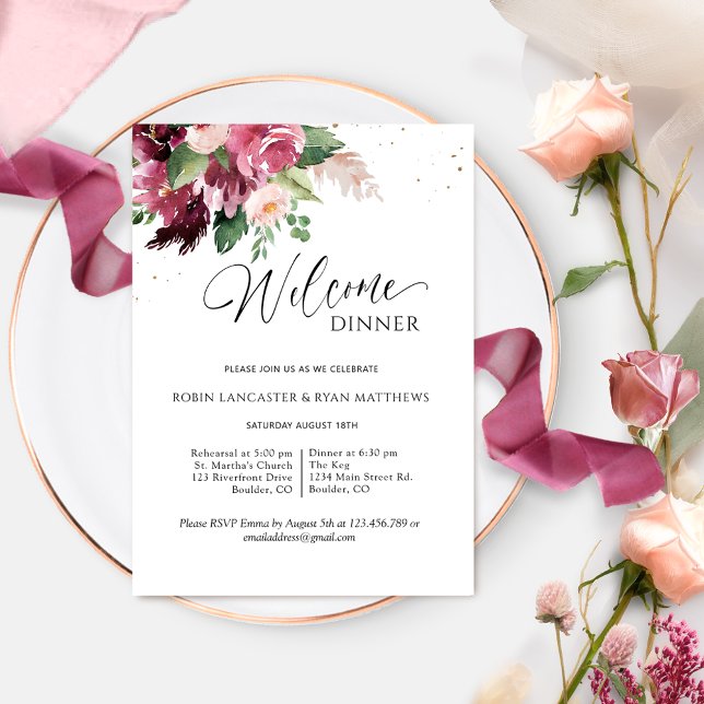 Convite Elegant Burgundy Blush Pink Welcome Dinner (Criador carregado)