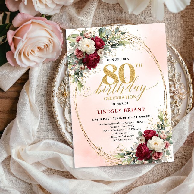 Convite Elegant Burgundy Boho Botanical 80th Birthday   (Elegant Burgundy Boho Botanical 80th Birthday Invitation)