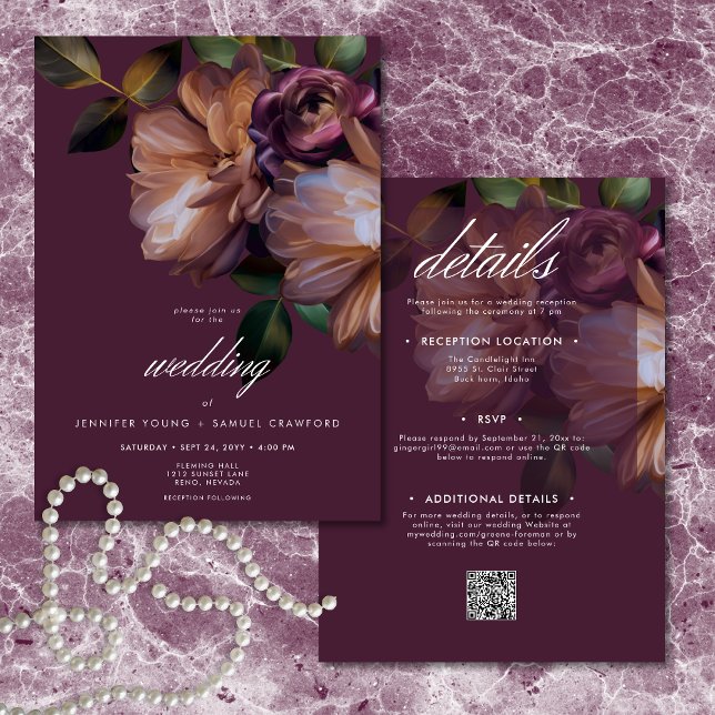 Convite Elegant Burgundy Classic Moody Floral Two Sided (Elegant Burgundy Classic Moody Floral Two Sided Invitation)