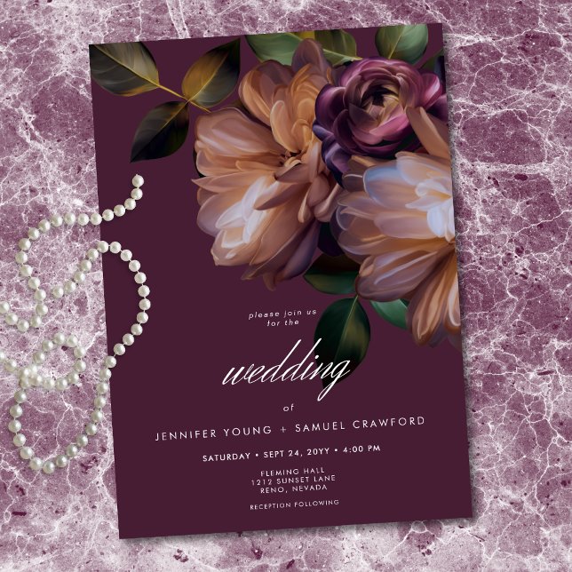 Convite Elegant Burgundy Classic Moody Floral Wedding (Elegant Burgundy Classic Moody Floral Invitation)