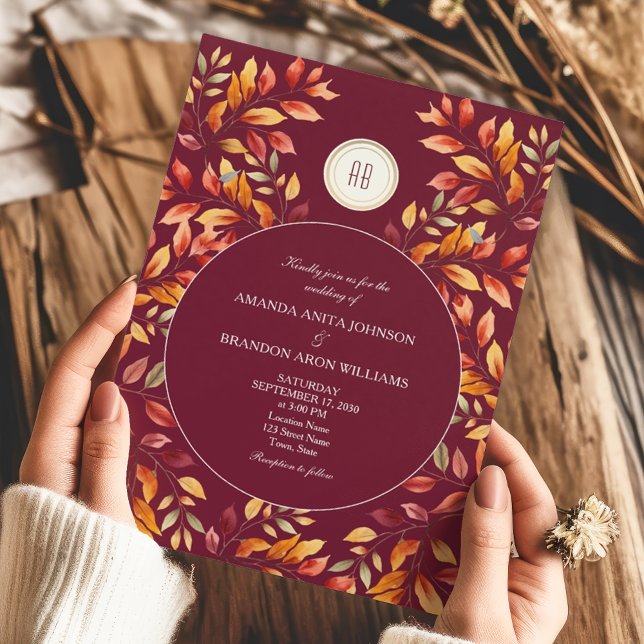 Convite Elegant Burgundy Fall Leaves Wedding (Criador carregado)