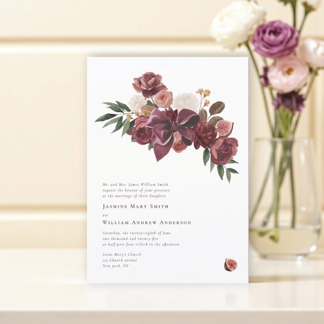 Convite Elegant Burgundy fig Floral Wedding Announcement (Criador carregado)