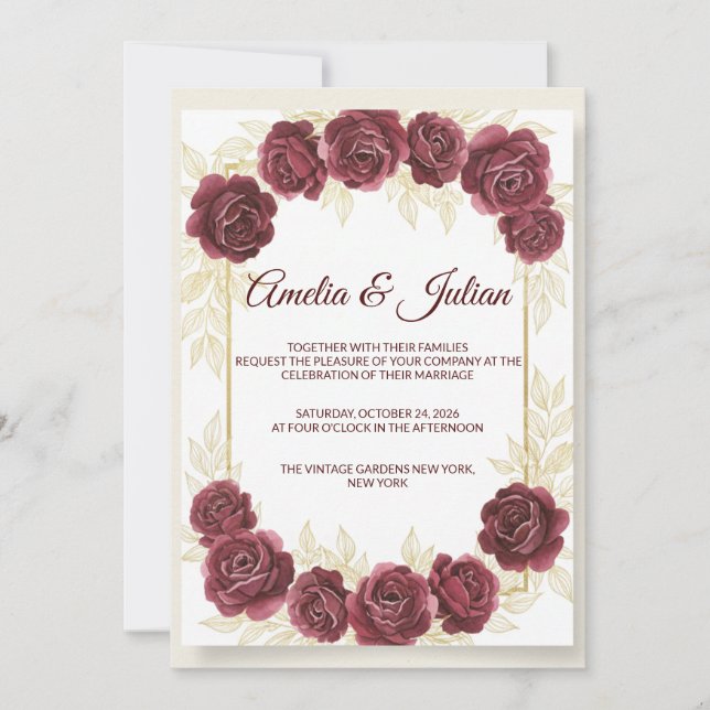 Convite Elegant Burgundy Floral and Gold Wedding Invitatio (Frente)