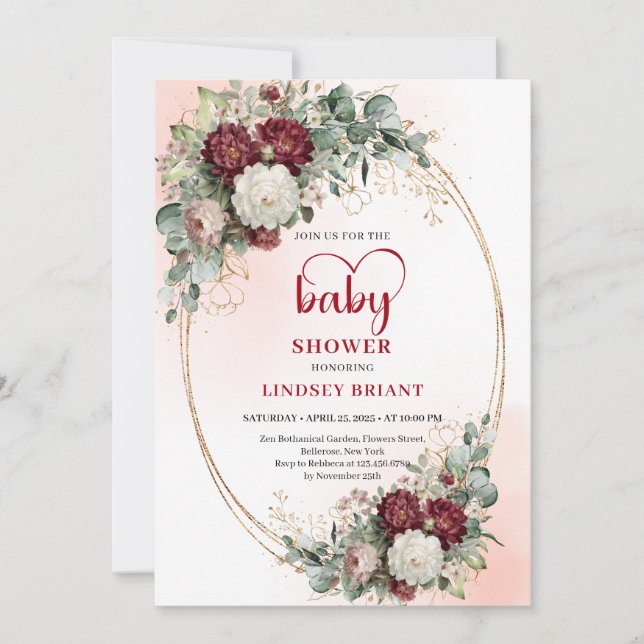 Convite Elegant Burgundy Floral Baby Shower Invitation (Frente)