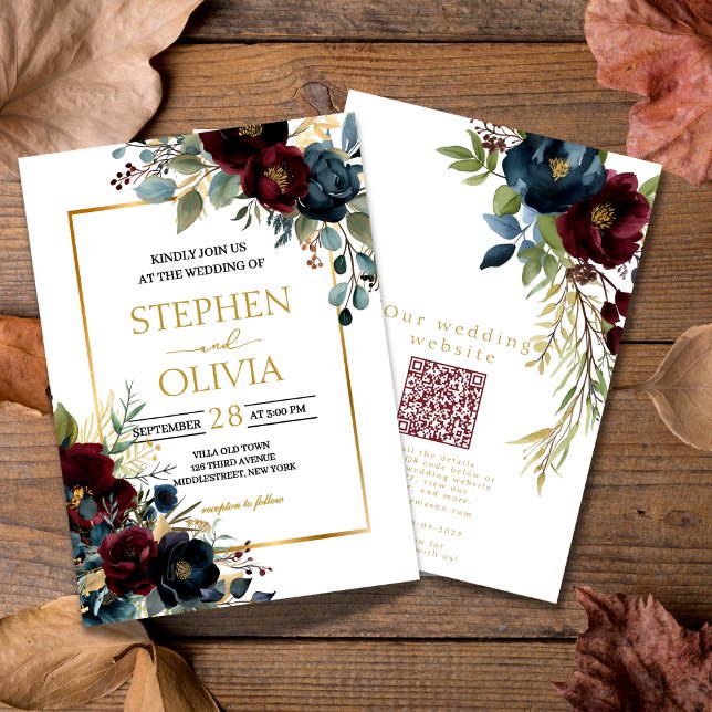 Convite Elegant Burgundy Floral Blooms wedding  QR details (Criador carregado)