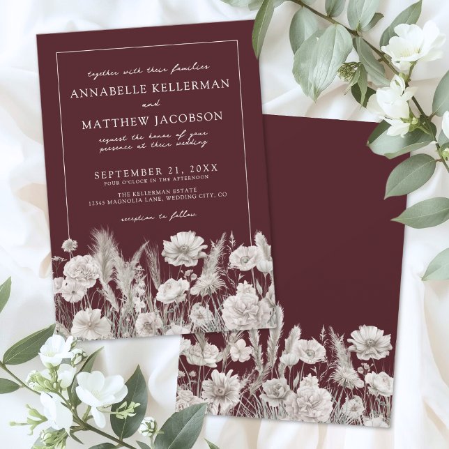 Convite Elegant Burgundy Floral Boho Wedding (Elegant Burgundy Floral Boho Wedding Invitation)