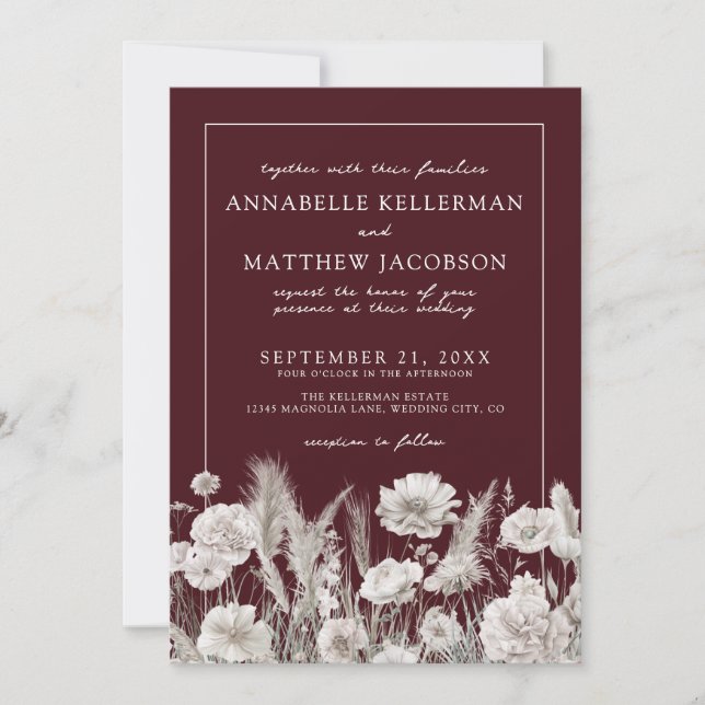 Convite Elegant Burgundy Floral Boho Wedding (Frente)