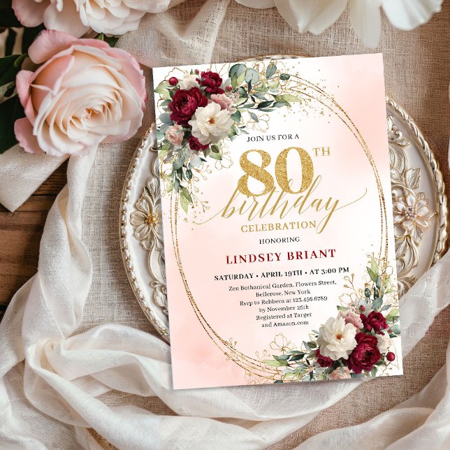 Convite Elegant Burgundy Floral Gold 80th Birthday Party  (Elegant Burgundy Floral Gold 80th Birthday Party Invite)