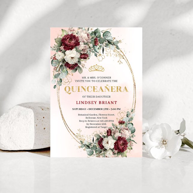 Convite Elegant Burgundy Floral Gold Quinceañera Invite (Elegant Burgundy Floral Gold Quinceañera Invite)