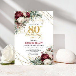 Convite Elegant Burgundy Floral Greenery 80th Birthday