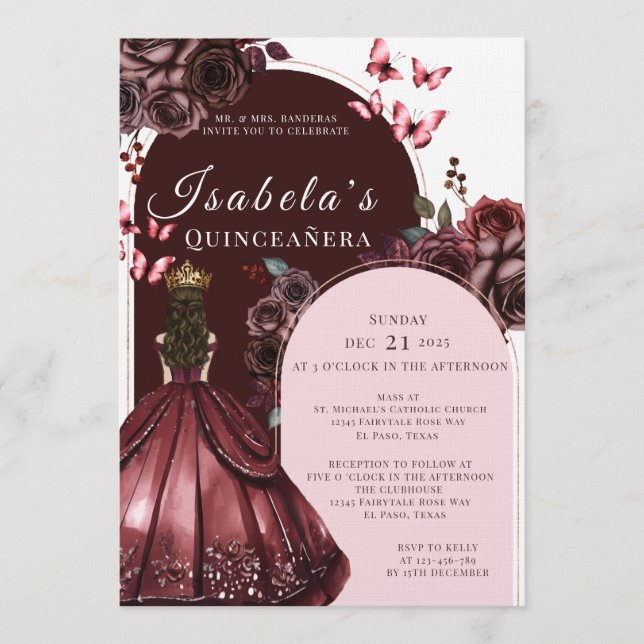 Convite Elegant Burgundy Floral Quinceanera Invitation (Frente)
