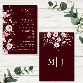 Convite Elegant Burgundy Floral Save the Date Card