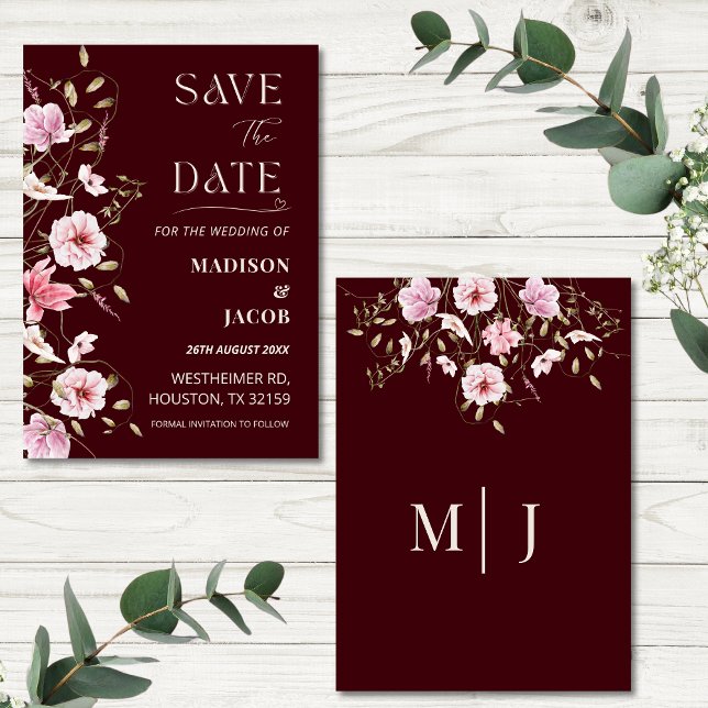 Convite Elegant Burgundy Floral Save the Date Card (Criador carregado)