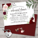 Convite Elegant Burgundy Floral Wedding Rehearsal Dinner<br><div class="desc">This beautiful rehearsal dinner invitation features a watercolor floral design with roses in shades of burgundy, red, and blush pink on a classic white background. the back is a deep marbled burgundy color. It has information on both the wedding rehearsal as well as the celebratory dinner that follows. Perfect for...</div>