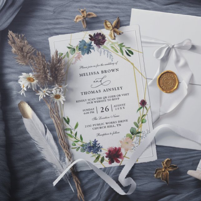 Convite Elegant Burgundy Flowers Budget QR Code Wedding (Criador carregado)