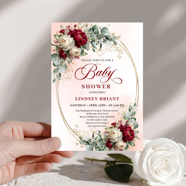 Convite Elegant Burgundy Gold Boho Baby Shower Invitation (Elegant Burgundy Gold Boho Baby Shower Invitation)