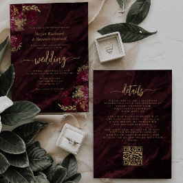Convite Elegant Burgundy Gold Floral QR Code Wedding