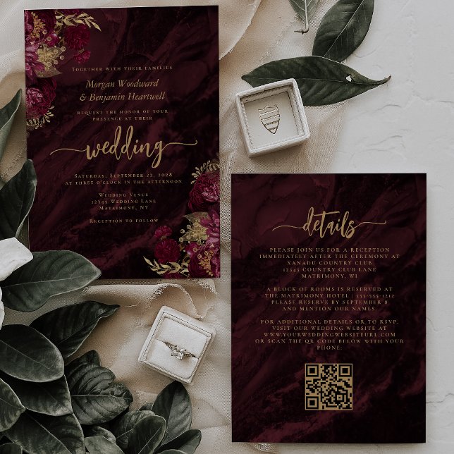 Convite Elegant Burgundy Gold Floral QR Code Wedding (Criador carregado)