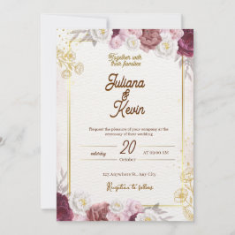 Convite Elegant Burgundy & Gold Floral Wedding Invitation