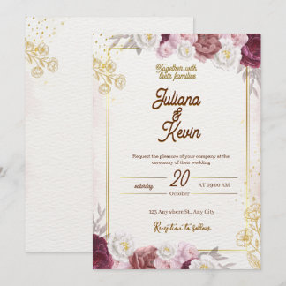 Convite Elegant Burgundy & Gold Floral Wedding Invitation