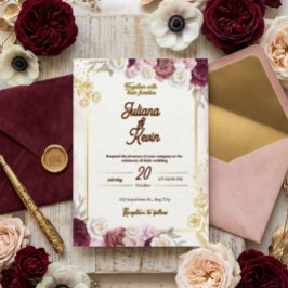 Convite Elegant Burgundy & Gold Floral Wedding Invitation