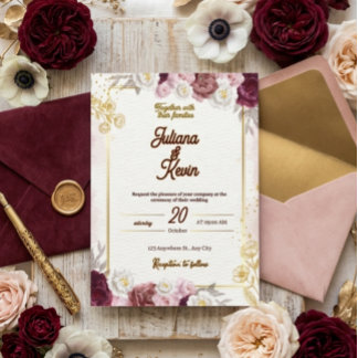 Convite Elegant Burgundy & Gold Floral Wedding Invitation