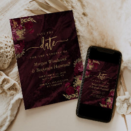 Convite Elegant Burgundy Gold Floral Wedding Save the Date