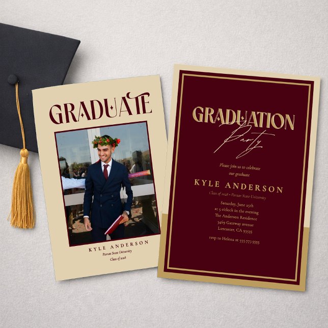 Convite Elegant Burgundy Gold Graduation Party Photo   (Criador carregado)