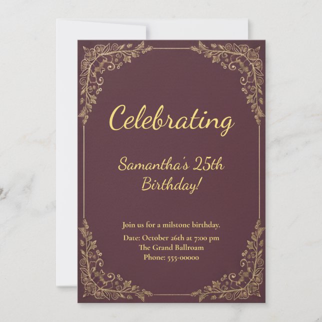 Convite Elegant Burgundy Gold Milestone Birthday (Frente)