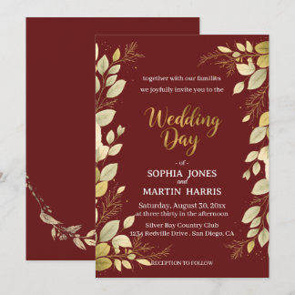 Convite Elegant Burgundy Modern Gold Botanical Wedding