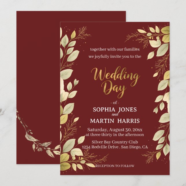 Convite Elegant Burgundy Modern Gold Botanical Wedding (Frente/Verso)