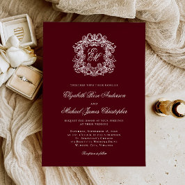 Convite Elegant Burgundy Monogram Crest Wedding
